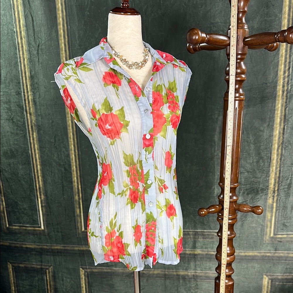 Tailored flowy feminine Orange blue sheer Button Down Shirt
